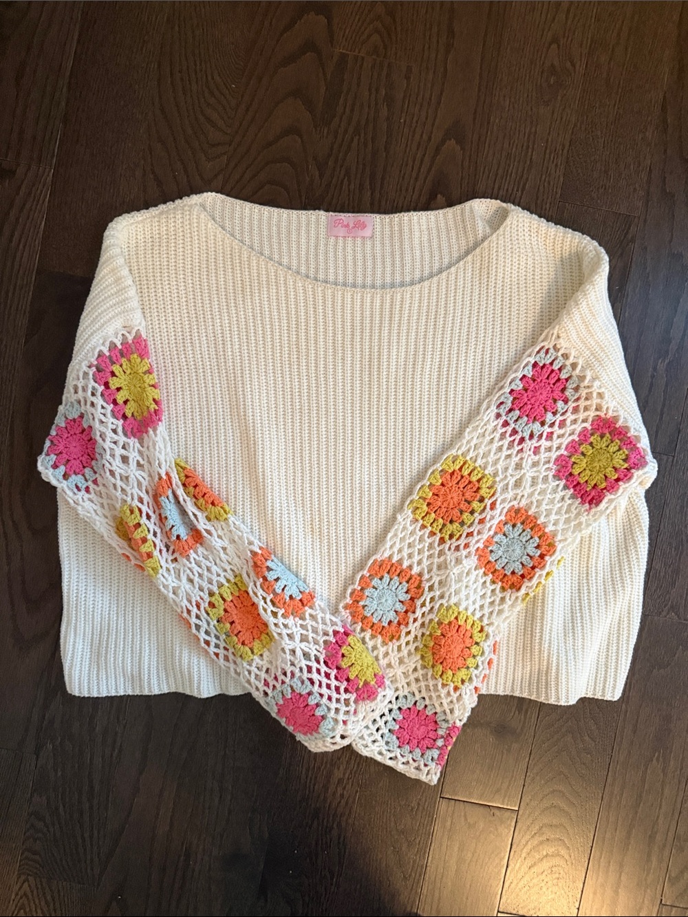 Pink Lily Cream Sweater with Multicolor Crochet-Sleeves